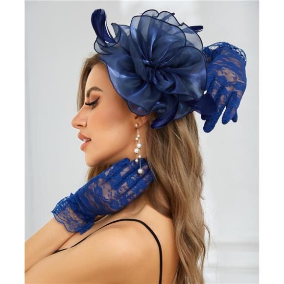 Fascinator Hat Veil Feather Navy Blue